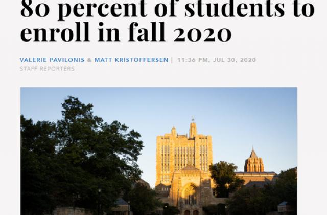 耶鲁大学2020秋季入学率80% 25%的学生选择远程上课
